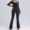 Quadratischer hals-jumpsuit mit langen ärmeln – yoga fitness sporthose mit weitem bein und atmungsaktivem damen-bodysuit