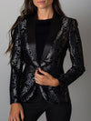 Luxuriöser schwarzer und silberner blumen-jacquard-blazer - elegante abendjacke für frauen