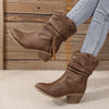 Damen Stiefeletten - lässige braune Boots mit Blockabsatz, Rüschen und Western-Look