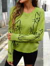 Katze-print sweatshirt - stylischer grüner pullover für damen