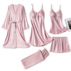 5-teiliges schwarzes satin pyjama-set für damen - elegante nachtwäsche mit spitzen-akzenten