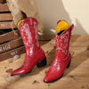 Rote und schwarze cowboy-stiefeletten mit blumenstickerei für damen – knöchelhohe stiefel