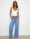 Weite jeans mit hohem bund - blaue damenhose