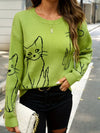 Katze-print sweatshirt - stylischer grüner pullover für damen