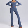 Quadratischer hals-jumpsuit mit langen ärmeln – yoga fitness sporthose mit weitem bein und atmungsaktivem damen-bodysuit