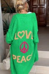 Gstrickti Damen-Cardigan – Oversizeds, langes Jäckli mit 'Love & Peace'-Design