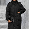 Schwarze Winterjacke mit Kapuze für Damen – langer Steppmantel