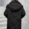 Schwarze Winterjacke mit Kapuze für Damen – langer Steppmantel