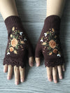 Halbfingerhandschuhe aus wolle mit bienen- und blumenstickerei - braun für damen